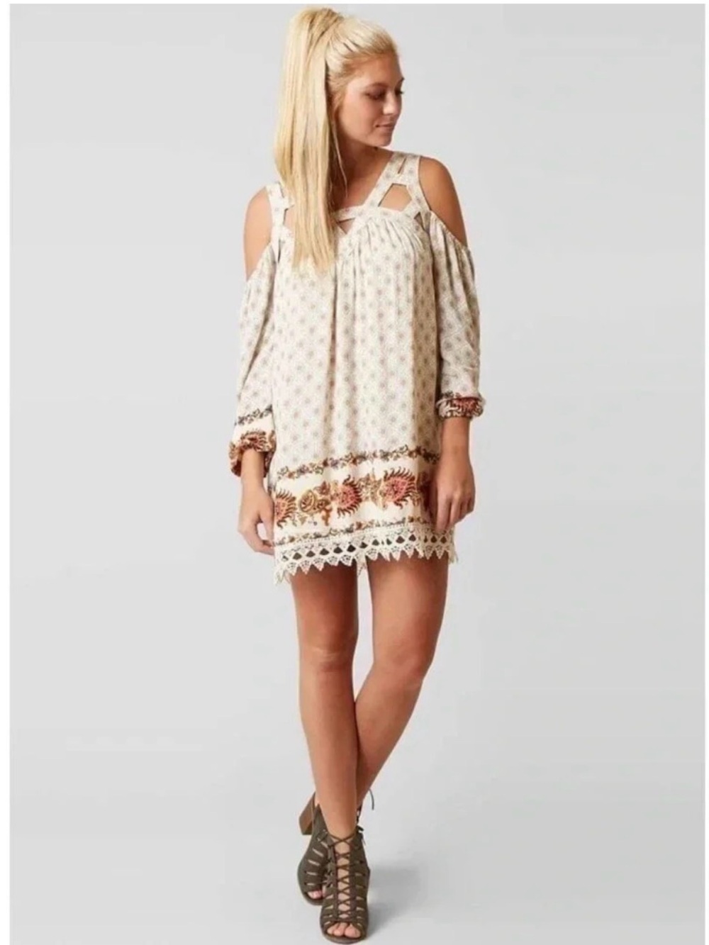 Coco & Jaimeson Boho Cold-Shoulder Lace-Hem Mini Dress in Cream Caged Top